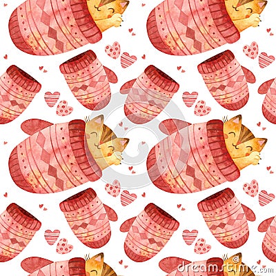 Seamless pattern with cute Ð¡at sleeps in a large mitten. Adorable kitten character. Cartoon Illustration